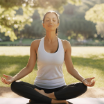 Person practicing yoga in a park, representing fitness hobbies and healing after divorce.