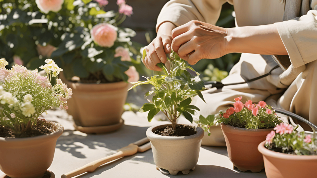 Person gardening with potted plants, tools, and flowers, representing the therapeutic benefits of gardening.