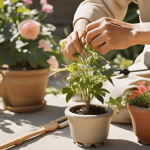 Person gardening with potted plants, tools, and flowers, representing the therapeutic benefits of gardening.