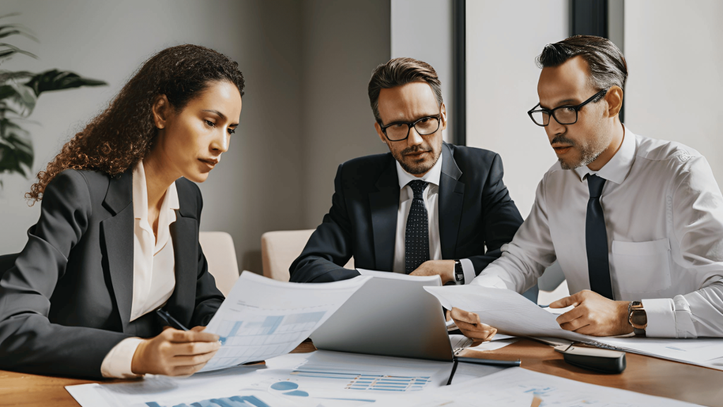 A lawyer, accountant, and financial planner discuss divorce and business planning at a modern office table.