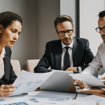 A lawyer, accountant, and financial planner discuss divorce and business planning at a modern office table.