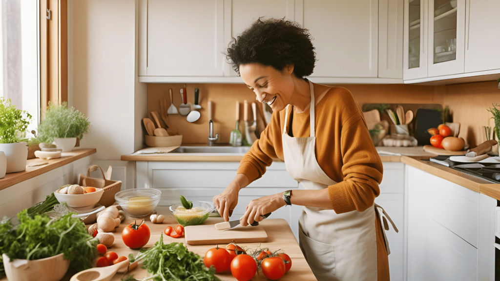 Person cooking in a cozy kitchen with fresh ingredients, focusing on building a new life after divorce through cooking.