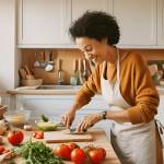 Person cooking in a cozy kitchen with fresh ingredients, focusing on building a new life after divorce through cooking.
