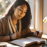 Person writing in a journal with a cup of tea and sunlight in the background, representing healing through creative expression.