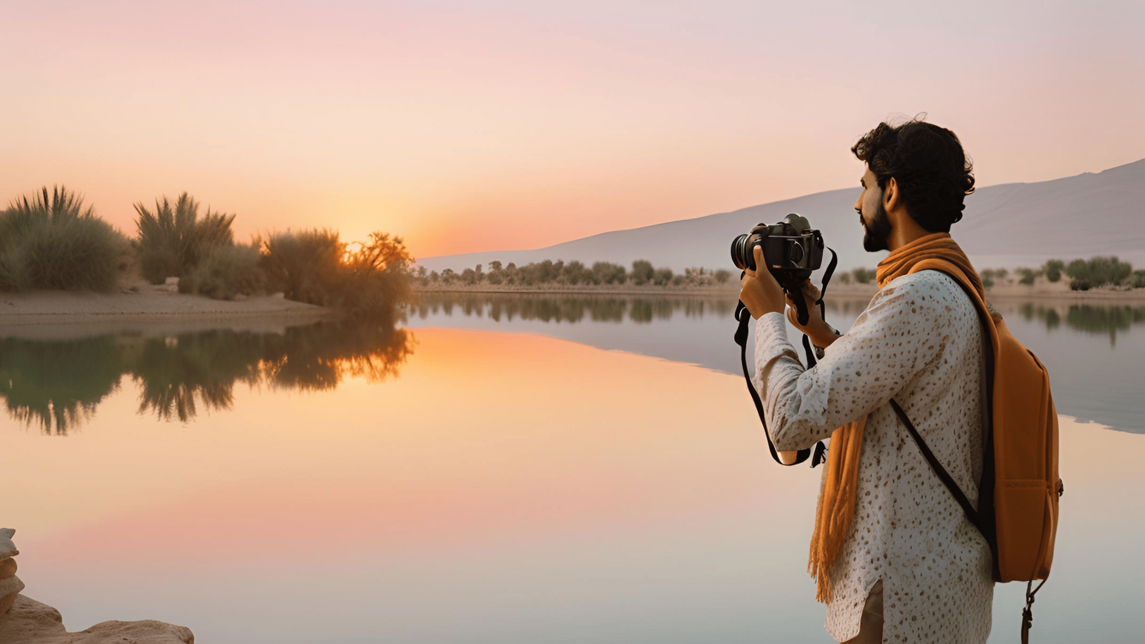 Person holding a camera, taking a photo of a sunset over a calm lake, symbolizing the start of a photography journey post-divorce.