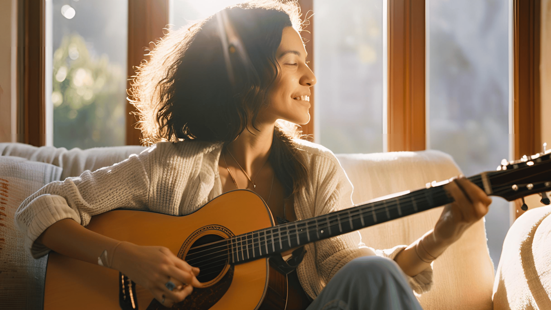 Person playing guitar in a peaceful setting, symbolizing self-discovery and healing through music post-divorce.