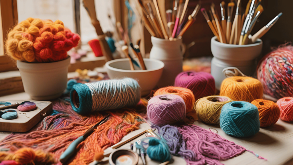 Table with crafting supplies like yarn, paintbrushes, and beads, inviting beginners to start their creative journey.