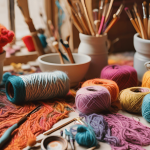 Table with crafting supplies like yarn, paintbrushes, and beads, inviting beginners to start their creative journey.