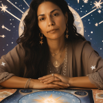 A woman exploring astrology and tarot cards at a table, with a serene background of stars and constellations, representing healing and guidance after divorce.
