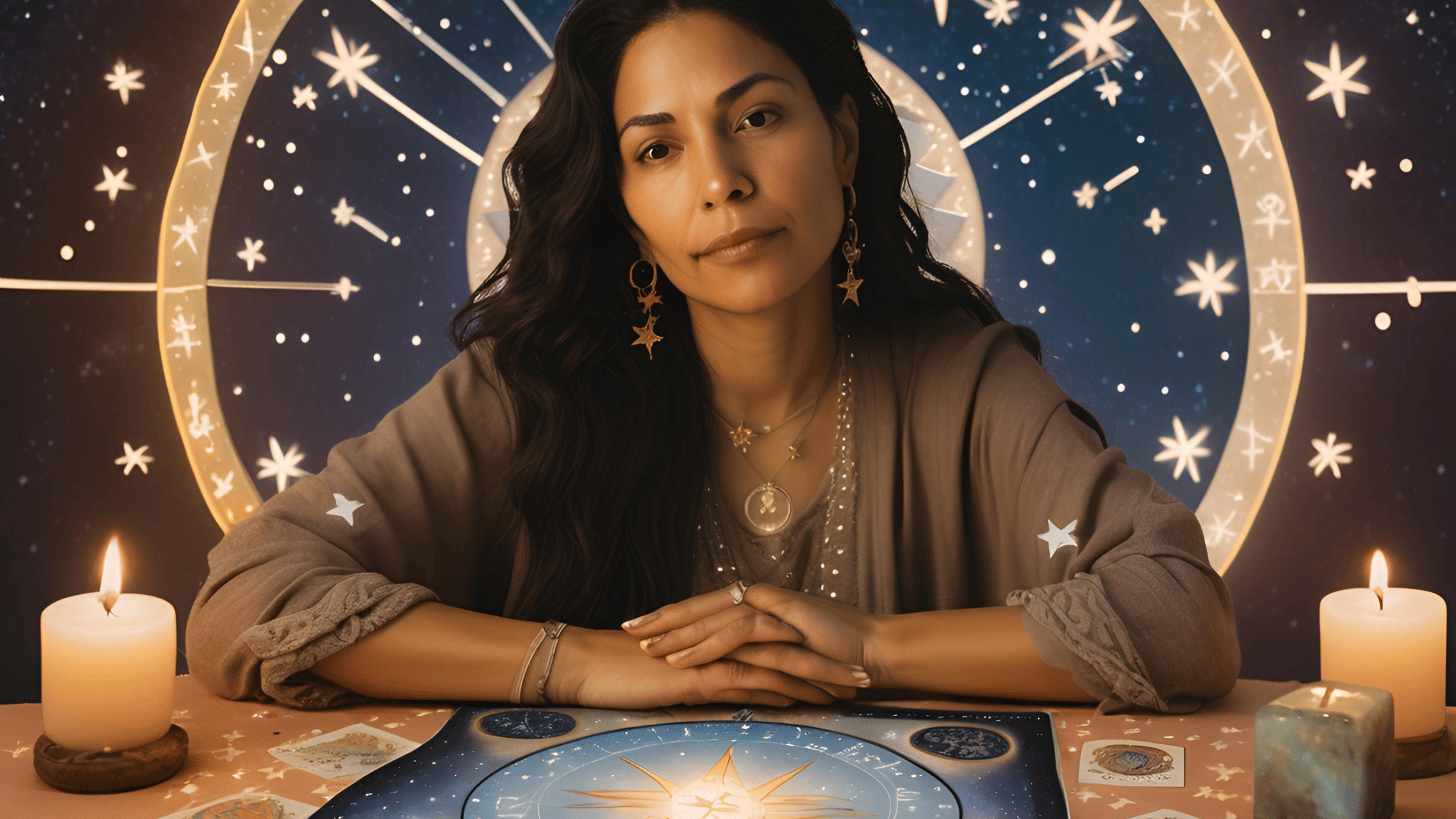 A woman exploring astrology and tarot cards at a table, with a serene background of stars and constellations, representing healing and guidance after divorce.