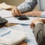 Person reviewing financial documents at a desk during divorce planning.