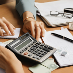 An individual managing finances with a calculator and bills, focusing on debt management during divorce.