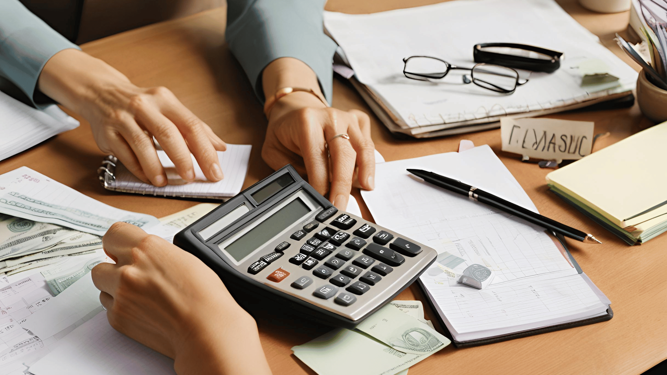 An individual managing finances with a calculator and bills, focusing on debt management during divorce.