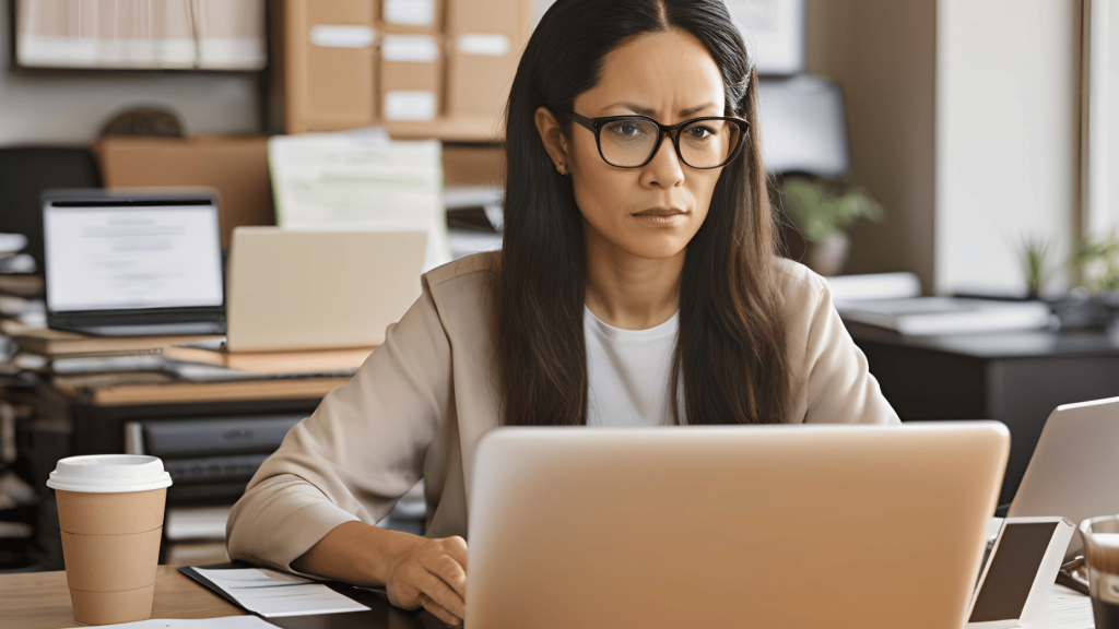 A business owner focused on work at their desk with a laptop and documents, symbolizing the balance between work responsibilities and personal challenges during divorce.