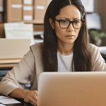A business owner focused on work at their desk with a laptop and documents, symbolizing the balance between work responsibilities and personal challenges during divorce.