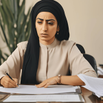 A professional business owner sitting at a desk, reviewing legal and financial documents, with a concerned but determined expression.