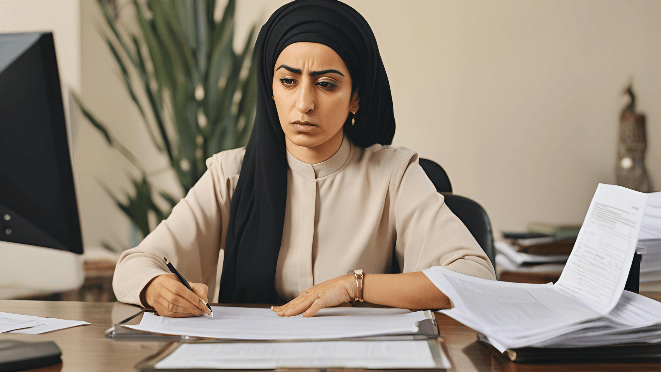 A professional business owner sitting at a desk, reviewing legal and financial documents, with a concerned but determined expression.