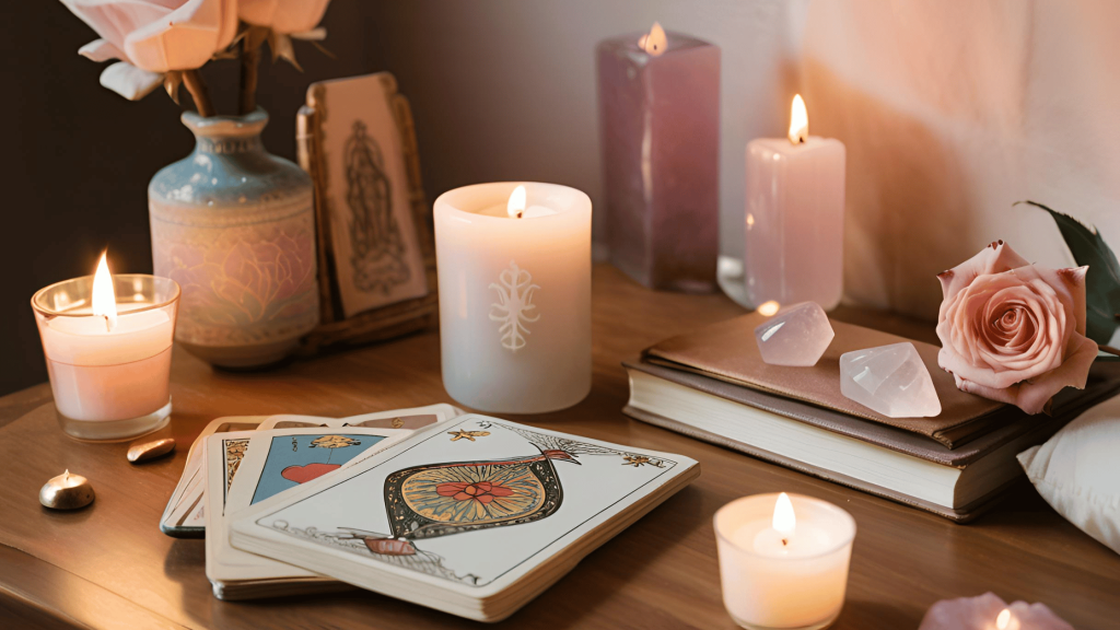 A peaceful tarot reading setup with a candle, journal, tarot cards, and a healing crystal, symbolizing emotional recovery and clarity after divorce.