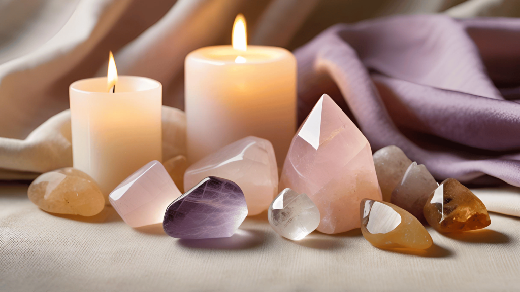 A soothing arrangement of healing crystals, including rose quartz and amethyst, on a soft surface with candlelight, representing comfort and emotional recovery after divorce.