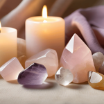 A soothing arrangement of healing crystals, including rose quartz and amethyst, on a soft surface with candlelight, representing comfort and emotional recovery after divorce.