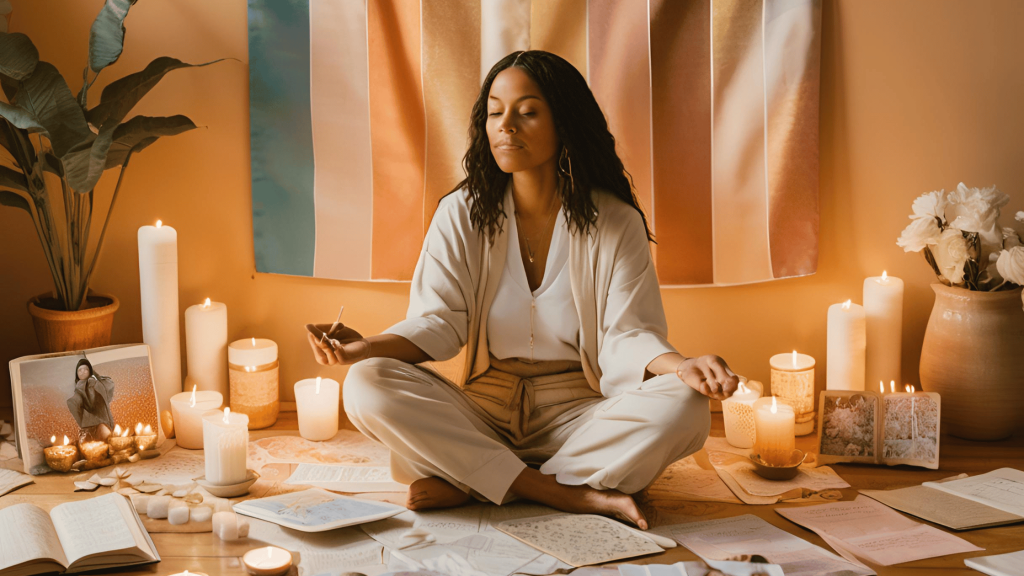 A peaceful woman practicing manifestation with candles, a vision board, and a gratitude journal, symbolizing healing and creating a new life after divorce.