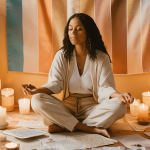 A peaceful woman practicing manifestation with candles, a vision board, and a gratitude journal, symbolizing healing and creating a new life after divorce.