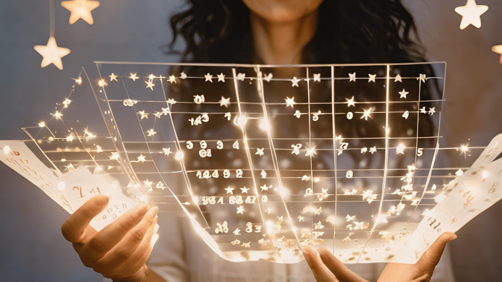 A woman holding a glowing numerology chart with numbers floating around her, symbolizing guidance and healing after divorce.