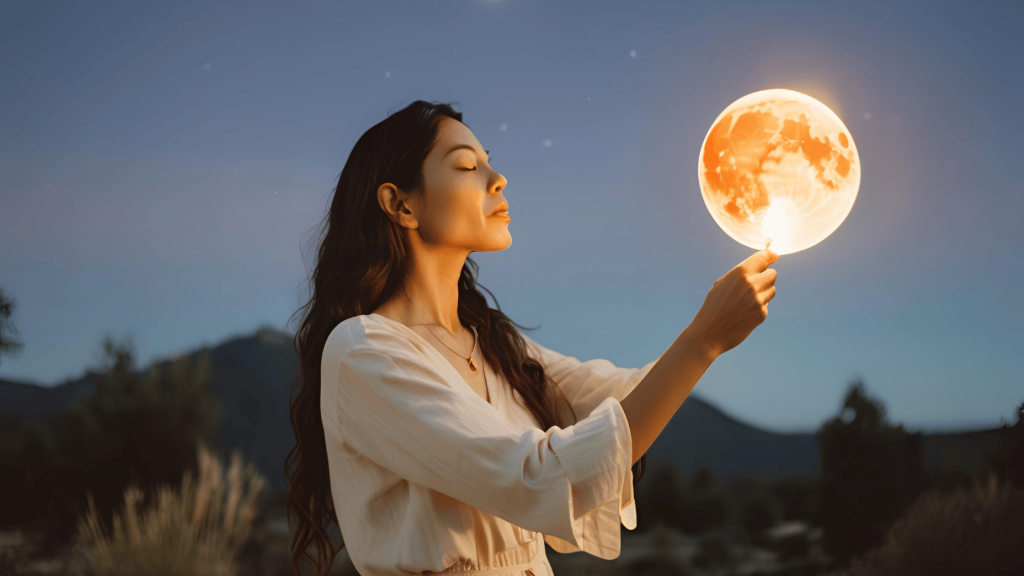 A serene image of a woman under the full moon, burning a piece of paper as part of a moon ritual to let go of emotional pain and embrace healing.