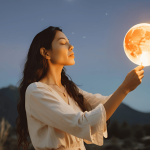 A serene image of a woman under the full moon, burning a piece of paper as part of a moon ritual to let go of emotional pain and embrace healing.