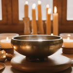 A Tibetan singing bowl on a wooden table with candles and crystals, symbolizing peace and emotional healing through sound therapy after divorce.