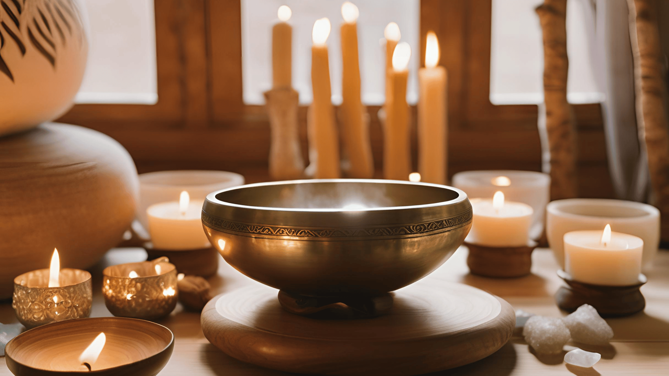 A Tibetan singing bowl on a wooden table with candles and crystals, symbolizing peace and emotional healing through sound therapy after divorce.