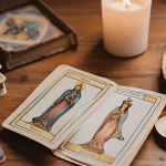 An open journal with a tarot card and a lit candle beside it, symbolizing healing and self-reflection through tarot journaling after divorce.