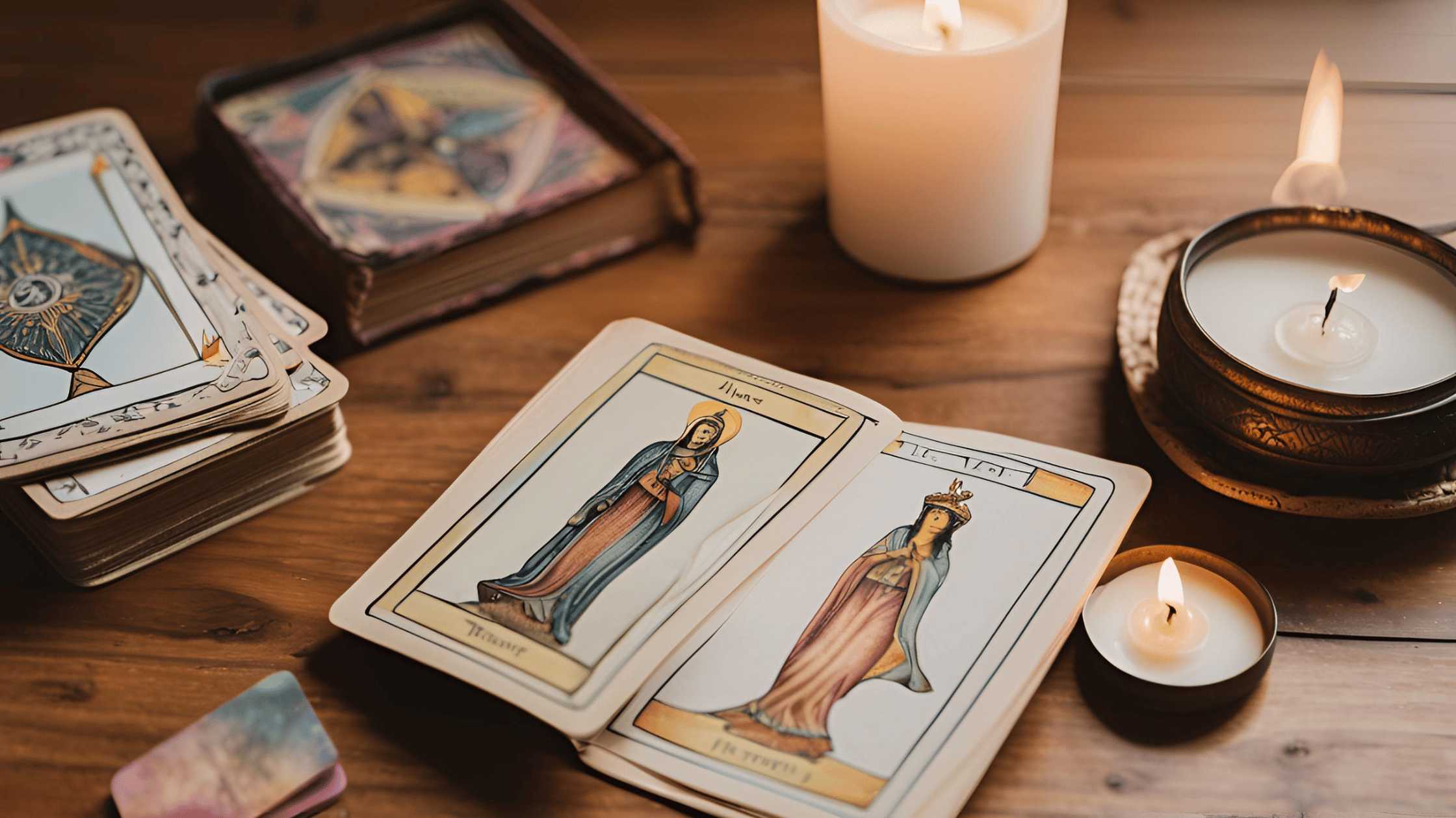 An open journal with a tarot card and a lit candle beside it, symbolizing healing and self-reflection through tarot journaling after divorce.