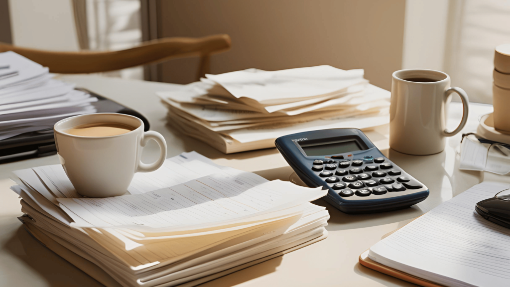 Two stacks of documents on a desk with a calculator, representing property division for unmarried couples.