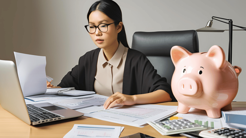 A person sitting at a desk, working on financial documents with a laptop and a piggy bank, symbolizing financial planning after a breakup.
