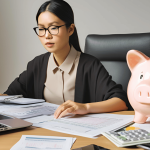 A person sitting at a desk, working on financial documents with a laptop and a piggy bank, symbolizing financial planning after a breakup.