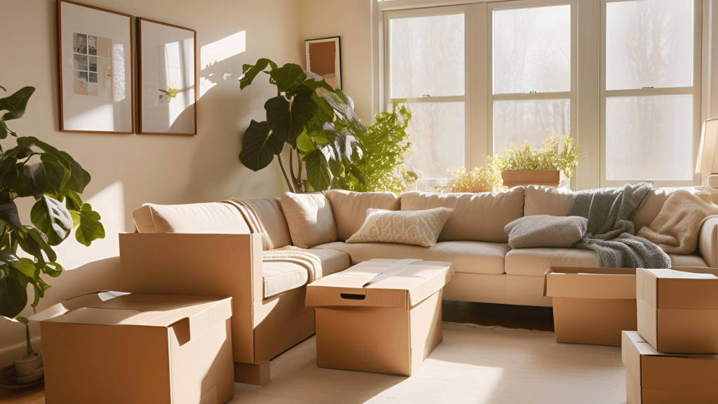 Modern living room with moving boxes and sunlight, symbolizing a fresh start after separation.