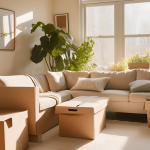 Modern living room with moving boxes and sunlight, symbolizing a fresh start after separation.