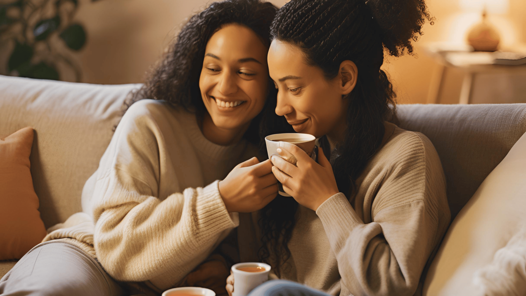 Two friends supporting each other on a couch, symbolizing comfort and understanding during a breakup.
