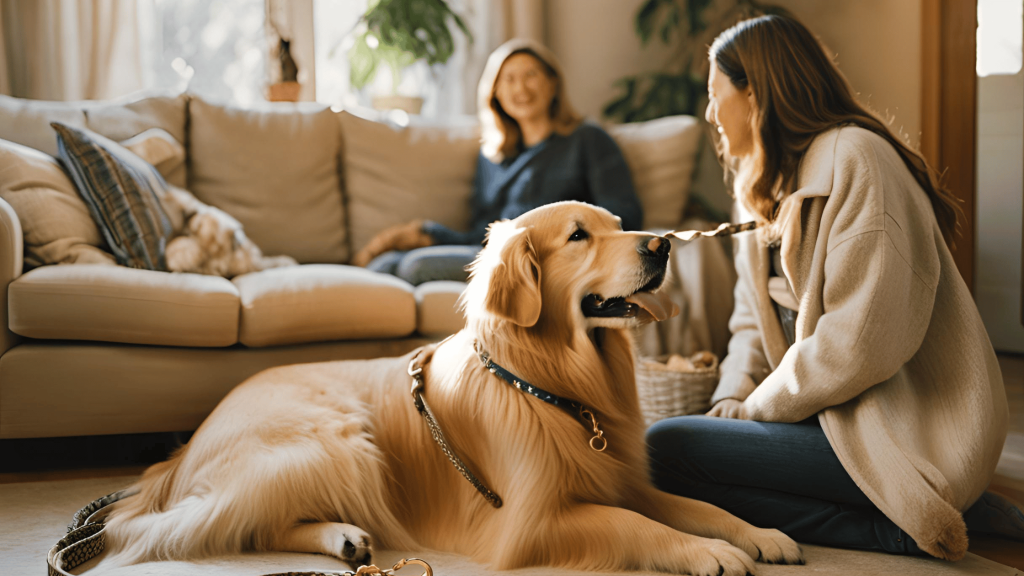 Golden retriever sitting between two owners holding a leash during a custody discussion in a cozy living room.