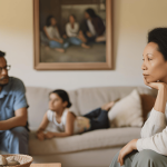 Two individuals having a conversation during an unmarried separation, with a family photo in the background symbolizing shared memories.