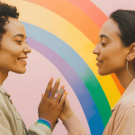 Illustration of two diverse individuals walking in opposite directions with a rainbow background, symbolizing LGBTQ+ separation.