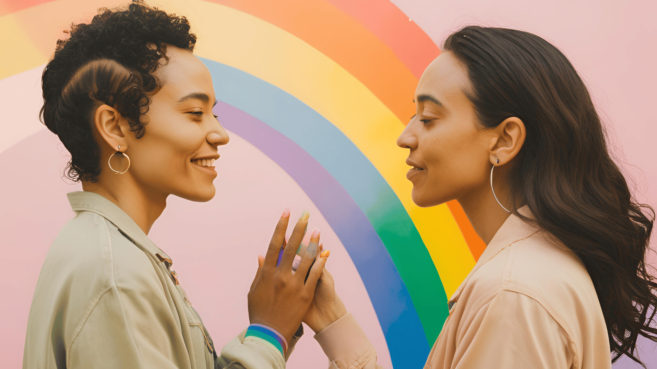 Illustration of two diverse individuals walking in opposite directions with a rainbow background, symbolizing LGBTQ+ separation.