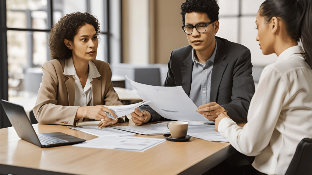 Two people sitting at a table discussing business documents in an office setting, symbolizing the division of shared business interests after separation