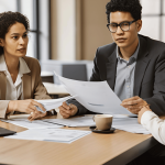 Two people sitting at a table discussing business documents in an office setting, symbolizing the division of shared business interests after separation