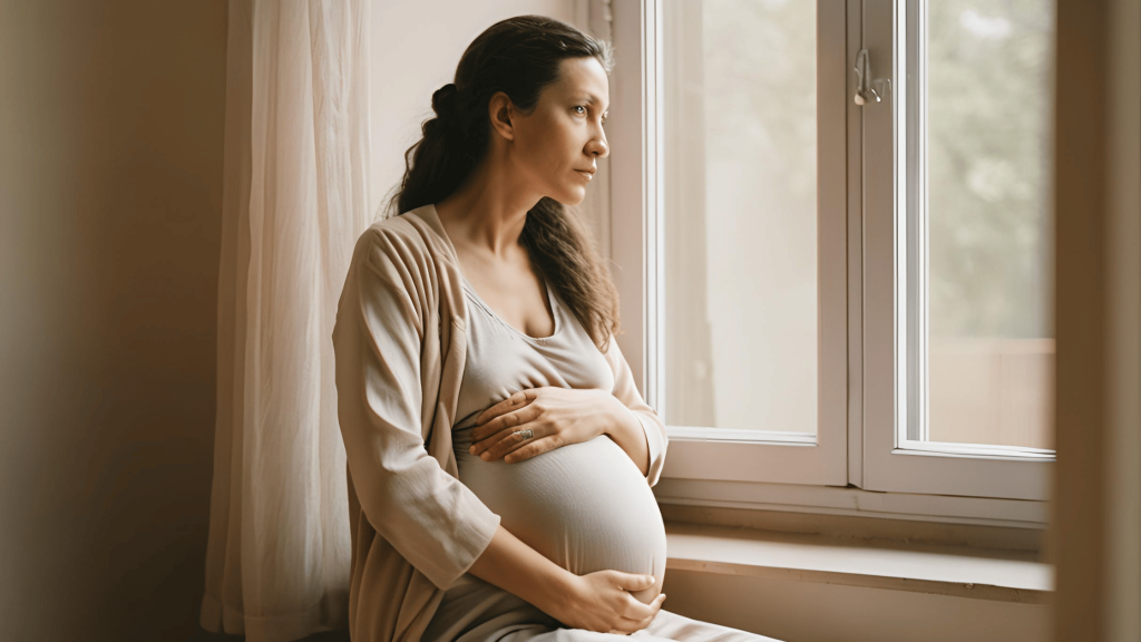 Pregnant woman sitting by a window, holding her belly and looking thoughtful in a cozy room.