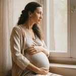 Pregnant woman sitting by a window, holding her belly and looking thoughtful in a cozy room.