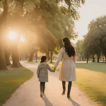 Parent and child walking hand-in-hand in a park during sunset, symbolizing love and shared custody.