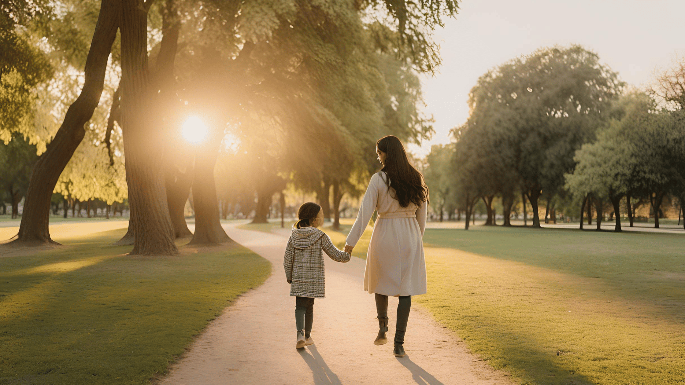 Parent and child walking hand-in-hand in a park during sunset, symbolizing love and shared custody.