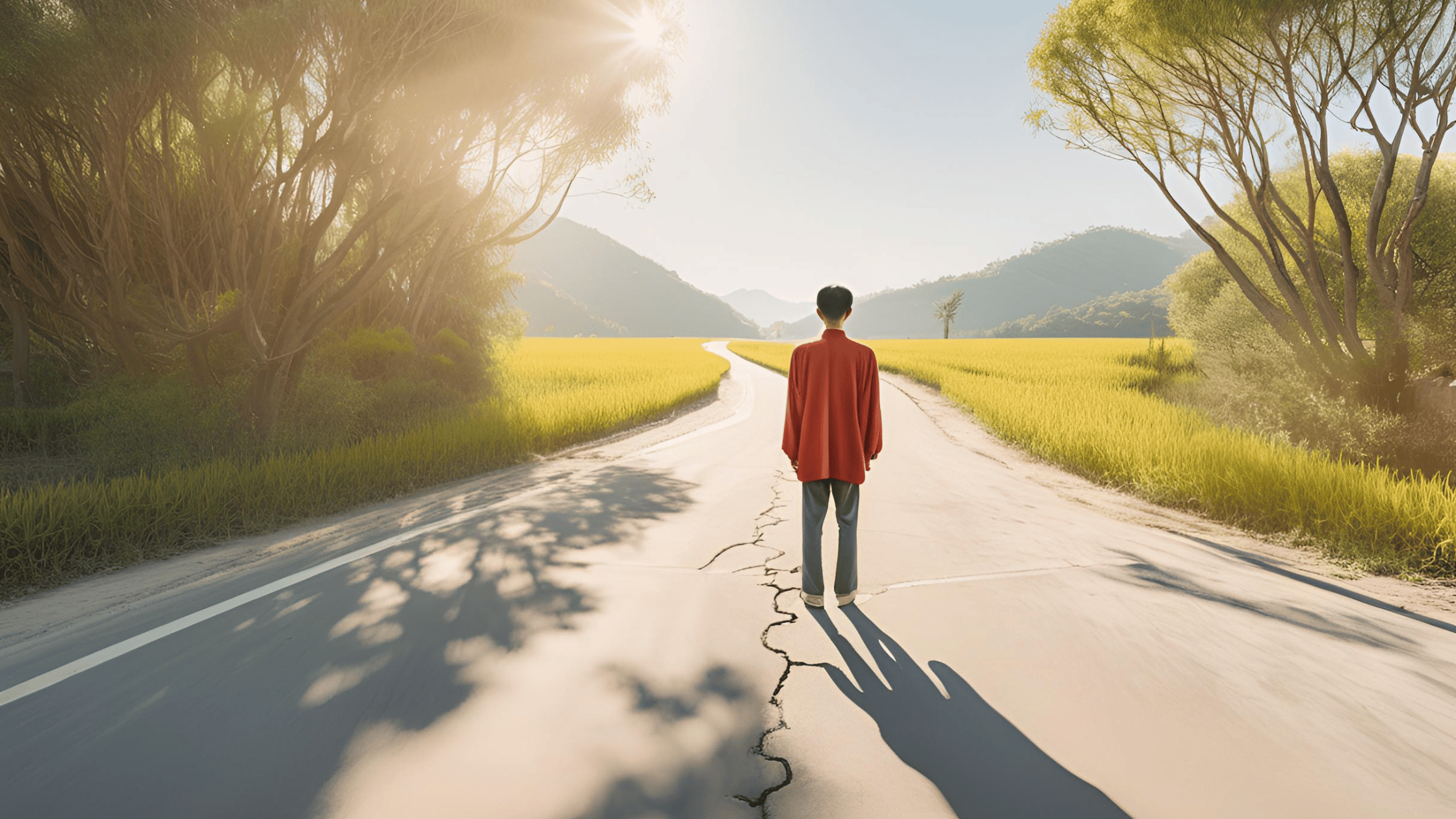 An illustration of a person standing at a fork in the road, symbolizing choices after separation, with one path leading to a hopeful, bright future.